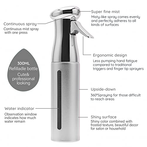 Fine Mist Spray Bottle, Fine Mist Continuous Spray Bottle,Empty Water Spray Bottles for Hair hairstyling,Plants,Cleaning Solutions Dispensing (Silver)