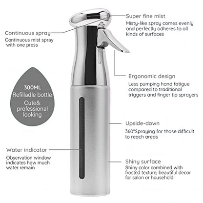 Fine Mist Spray Bottle, Fine Mist Continuous Spray Bottle,Empty Water Spray Bottles for Hair hairstyling,Plants,Cleaning Solutions Dispensing (Silver)