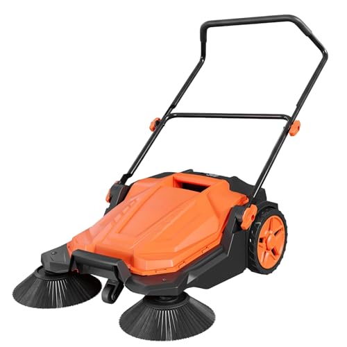 25.6 Inch Manual Push Floor Sweeper, Walk-Behind Hand Push Sweeper with 5-Gallon Bin, Adjustable Folding Handle for Garage, Workshop, Driveway, Patio