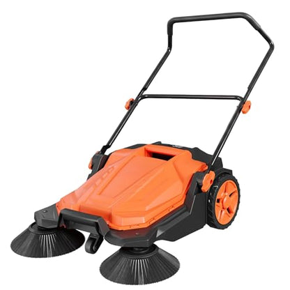 25.6 Inch Manual Push Floor Sweeper, Walk-Behind Hand Push Sweeper with 5-Gallon Bin, Adjustable Folding Handle for Garage, Workshop, Driveway, Patio
