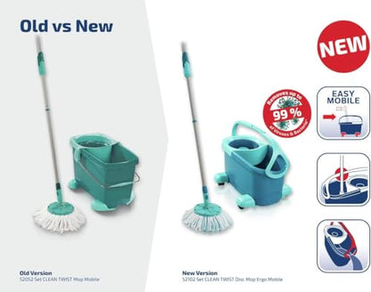 Leifheit Clean Twist Spin Mop and Bucket Set with Rollers | Telescopic Handle, 360° Joint, Spin-Dry System | Easy Glide Wheels | Blue - style: Clean Twist 2.0 Mobile