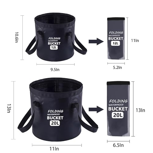 Collapsible Bucket with Handle 5 Gallon Portable Folding Bucket Upgraded Ultra Lightweight Outdoor Basin Pail for Fishing, Camping, Hiking, Car Washing and More (Black, 20L-12L)