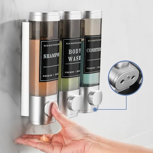 Shower Soap Dispenser Wall Mounted No Drill Shampoo Dispenser for Shower Wall Shampoo and Conditioner Dispenser Bathroom Hotel 3 * 300ml Sliver with Labels - color: Silver 3