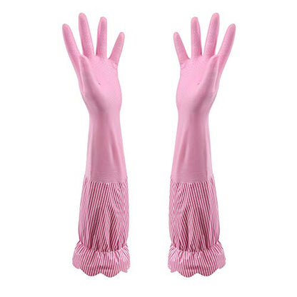 RARITYUS Household Kitchen Cleaning Gloves Waterproof Cotton Lined Dishwashing Non-Slip Long Cuff Gloves - color: A Pink