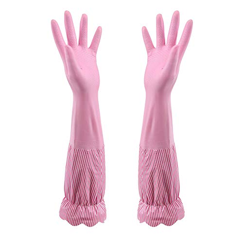 RARITYUS Household Kitchen Cleaning Gloves Waterproof Cotton Lined Dishwashing Non-Slip Long Cuff Gloves - color: A Pink