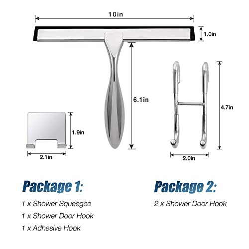 Simtive 10-Inch Shower Squeegee (Includes 1 Shower Door Hook and 1 Adhesive Hook), Shower Door Hooks (2-Pack), Both Silver, 2 Item Bundle