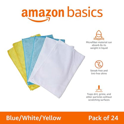 Amazon Basics Microfiber Cleaning Cloths, Ultra Absorbent, Lint Free, Streak Free, Non-Abrasive, Reusable and Washable, 16" x 12", Blue/White/Yellow, Pack of 24 - color: Blue/White/Yellow, size: 24-Pack
