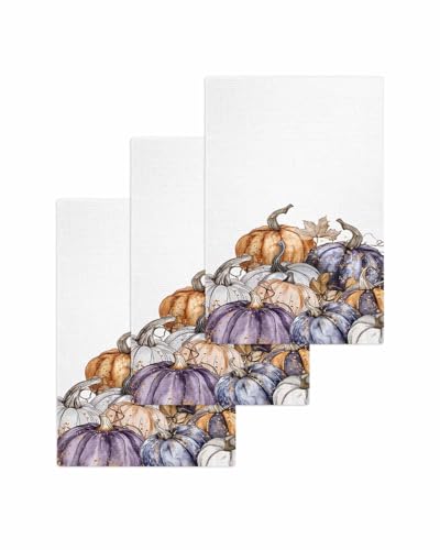 Thanksgiving Pumpkins Hand Towels Set, Waffle Weave Kitchen Towels 3 Pieces, Microfiber Hair Face Bath Tea Towel Absorbent Quick Drying Cleaning Dish Cloths, Autumn Botanical Maple Leaf 15.7"x23.6" - color: Purple Orange White, size: 3PCS,15.7"x23.6"