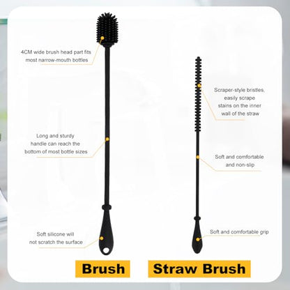 Silicone Bottle Brush with Straw Cleaning Brush, Extra Long Water Bottles Washer Brush Reusable Straw Cleaner BPA-Free Cup Cleaning Brush for Stanley Baby Bottle Glass Mug