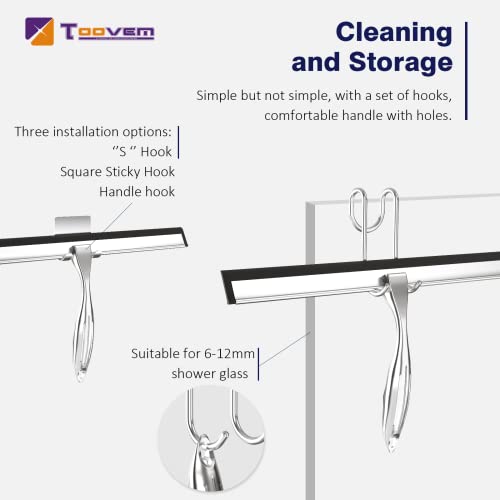 TOOVEM 14 Inch Shower Squeegee for Glass Doors, Window, Bathroom, Car Windshield, Shower Cleaning Tools with S Hook, Square Sticky Hook (Silver) - style: Silver 14 inch
