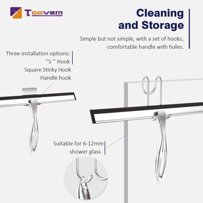 TOOVEM 14 Inch Shower Squeegee for Glass Doors, Window, Bathroom, Car Windshield, Shower Cleaning Tools with S Hook, Square Sticky Hook (Silver) - style: Silver 14 inch