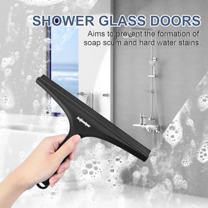 Shower Squeegee with Hang Hook, Bathroom Squeegee for Shower Glass, Tile Wall, Window, Floor, Mirror - 10 in + Silicone, No-Squeak & Streak-Free & Non-Slip Home Car Cleaner Kit Tool - color: Whole-black