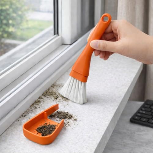 Crevice Cleaning Brush with Dustpan, Mini Dust Pans for Window Tracks, Sliding Door Rails, Scrubber Cleaning Tool for Key Board, Orange - color: Orange