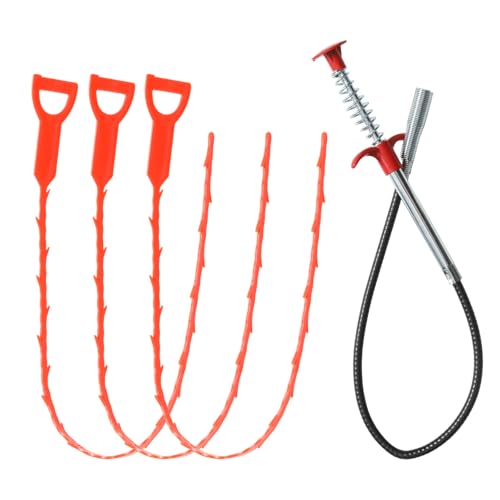 3 Pcs Orange Drain Clog Remover and 1 Pcs 25inch Four Claws Hair Catcher Drain Snake Cleaner Tool, Effective Hair Clog Remover for Toilet/Kitchen Sink/Bathroom Tub - color: Orange