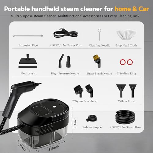 Pressurized Steam Cleaner, 54oz Large Tank, Portable Steamer for Cleaning with 15-Piece Kit, 15s Fast Heat-Up, 3-Level Control, Handheld Steam Cleaner for Home, Car, Kitchen - color: Classic Black
