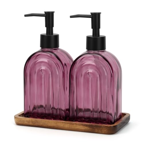 Glass Soap Dispenser Set with Wooden Tray, 13.5Oz Refillable Liquid Modern Soap Dispenser with Plastic Pump for Hand and Dish Set for Bathroom Countertop Decor (Purple) - color: Purple Thick Rainbow