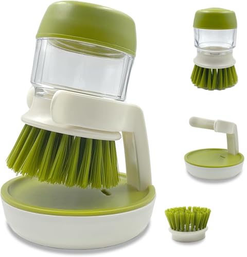 Soap Dispenser Palm Dish Brush with Storage Bracket – Drainage Base, Easy-to-Clean Kitchen Utensil Cleaner | Includes Extra Soft Bristle Brush (Green) - color: Green