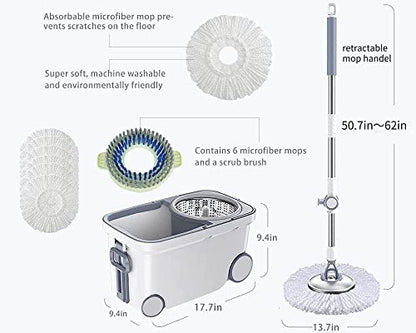 Michao Spin Mop Bucket Deluxe 360 Spinning Floor Cleaning System with 6 Microfiber Replacement Head Refills,62" Extended Handle,4X Wheel for Home Cleaning