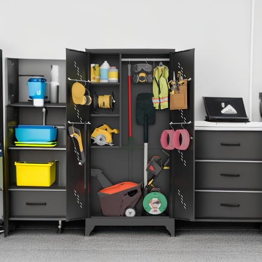 VASAAOSD 75" Metal Storage Cabinet with Lock, Tool Cabinets with Hooks, Heavy-Duty Garage Storage Cabinet for Utility Room, Gym, Basement, Broom Closet, Black - color: 75"h Dark Black