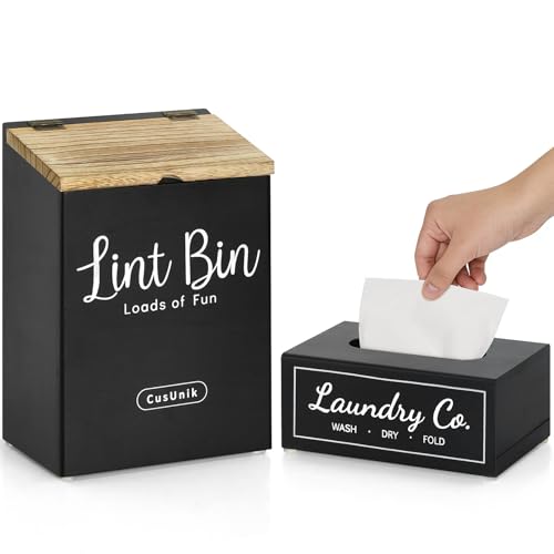 Magnetic Lint Bin and Dryer Sheet Holder Set for laundry room organization,Wall Mounted Laundry Organization and Storage,Wooden Lint Trash Can with Lid and Dryer Sheet Dispenser,Laundry Room Trash Can - color: Black
