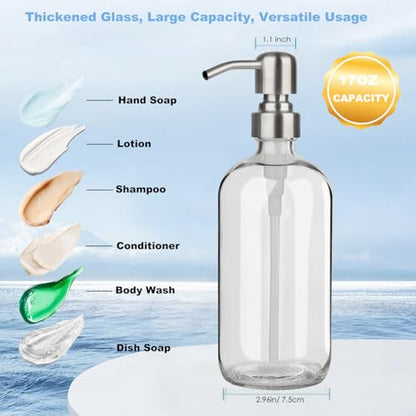 Clear Glass Soap Dispenser - Refillable Liquid Hand Lotion Dispenser for Kitchen Bathroom with Rust Proof Stainless Steel Pump (17OZ/ 500ML) (2 Pack)