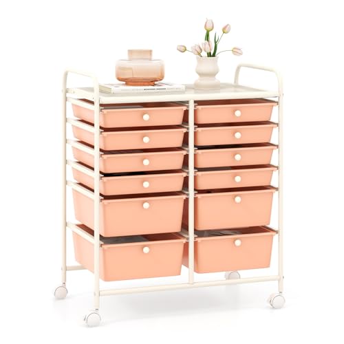 GOFLAME 12-Drawer Rolling Storage Cart, Multipurpose Organizer Cart with 2 Sizes Plastic Drawers, Mobile Utility Cart with Lockable Casters for School, Home Office, Beauty Salon, Peach Fuzz - color: Peach Fuzz, size: 12-Drawer-2