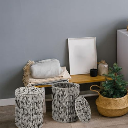 Ctosree 1.3 Gallons Small Trash Can with Lid Handle Boho Woven Braided Bathroom Waste Basket Trash Can with 100 Garbage Bags for Bedroom Office Laundry(Grey, Braided Polypropylene) - color: Grey, style: Round