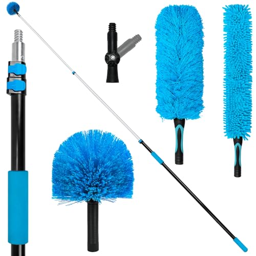 20FT High Ceiling Fan Duster with 5-12FT Extension Pole, Extendable Reusable Cobweb and Bendable Feather Duster Kit for Cleaning Spiderweb and Dust