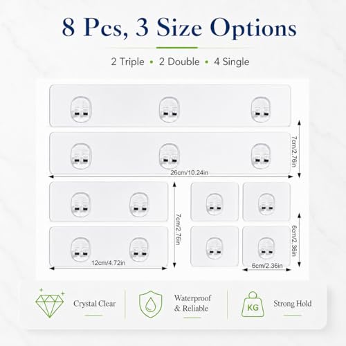 Strong Adhesive Shower Caddy Replacement, 8 Pack No Drill Adhesive Hooks for Bathroom & Kitchen Rack, Holds 40lbs, Waterproof & Transparent Strips for Tile, Glass, Smooth Walls - color: Transparent 8 PCS