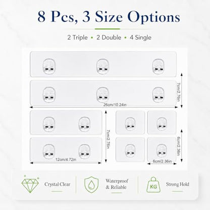 Strong Adhesive Shower Caddy Replacement, 8 Pack No Drill Adhesive Hooks for Bathroom & Kitchen Rack, Holds 40lbs, Waterproof & Transparent Strips for Tile, Glass, Smooth Walls - color: Transparent 8 PCS