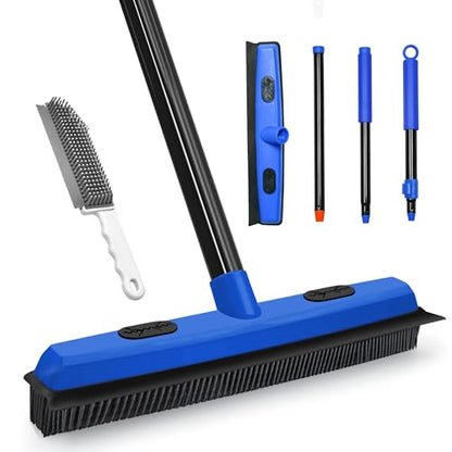 Rubber Broom Carpet Brush with Squeegee, Pet Hair Remover with 52.8 inches Long Handle, Detailing Lint Fur Removal Tool, Silicone Rug Rake for Cleaning Hardwood Floor, Tile, Window (Blue)