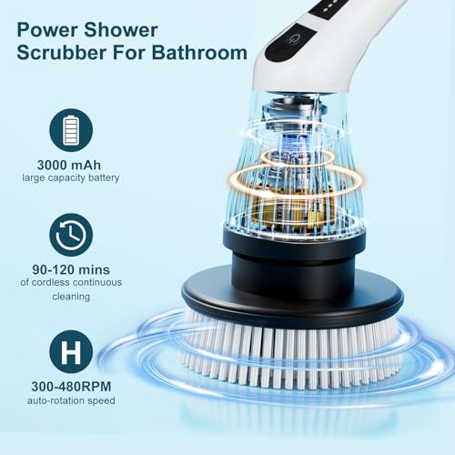 Electric Spin Scrubber with 7 Replaceable Brush Head，Shower Scrubber with Long Handle,7 in 1 Cordless Cleaning Brush，Power Shower Scrubber for Bathroom, Tub, Tile, Floor, Kitchen, Window,Black