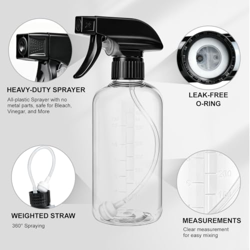 Spray Bottles 16oz 2 pack — 360° Any-Angle Spraying, Mist & Stream Plastic Empty Water Sprayer, with Measurements & Weighted Straw, Leak-Resistant for Cleaning Solutions, Planting, Hair + Funnel - style: 16oz, 2 pack