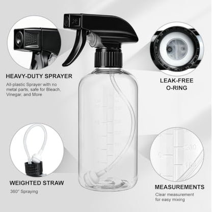 Spray Bottles 16oz 2 pack — 360° Any-Angle Spraying, Mist & Stream Plastic Empty Water Sprayer, with Measurements & Weighted Straw, Leak-Resistant for Cleaning Solutions, Planting, Hair + Funnel - style: 16oz, 2 pack