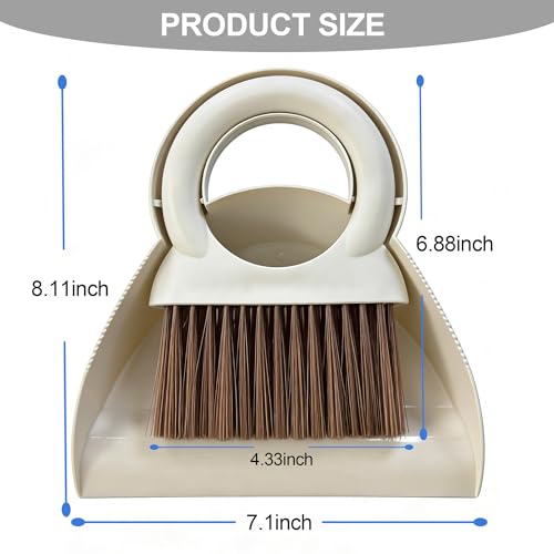 Mini Broom and Dustpan Set with Round Handle, Compact Small Hand Broom with Soft Bristles for Kitchen Counter, Desk, Drawer, Pet Area & Car Interior, Space-Saving Portable Cleaning Tool (Off-White) - color: Off-white