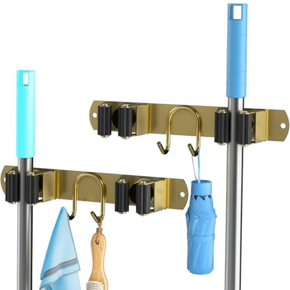 Broom Holder Wall Mount, 2-Pack Stainless Steel Mop and Broom Organizer, Broom Hanger with 2 Slots 2 Hooks for Home Kitchen, Garage, Garden and Laundry Room, Gold - color: Gold-2 Pack