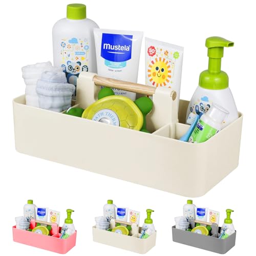 Baby Shower Caddy Plastic Nursery Portable Storage Organizer Caddy Tote for Child/Kids, Divided Basket Bin with Wood Handle for Bathroom, Dorm Room, Holds Hand Soap, Bottles, Spoons (Beige) - color: Beige