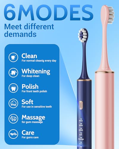 Aneebart Blue & Pink Electric Toothbrush for Adults, USB Rechargeable Sonic Toothbrush with 12 Brush Heads, Smart Timer, 6 Modes, 2-Hour Fast Charge Last 30 Days - color: Blue+pink