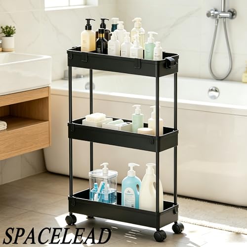 SPACELEAD Slim Storage Cart 3 Tier,Bathroom Organizer Rolling Utility,Mobile Shelving Unit Slide Out for Office, Kitchen, Laundry Room & Narrow Places,Black - color: Black