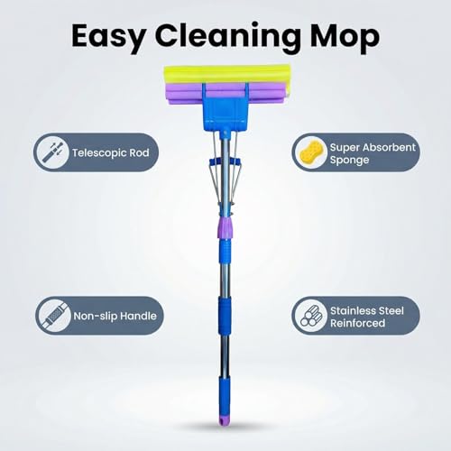 Sponge Mop with Extendable Stainless Steel Handle - Absorbent for Bathroom, Kitchen, Glass, Living Room Hardwood, Tile, Laminate Floors - Easy Lever Squeeze for Dry & Wet Floors