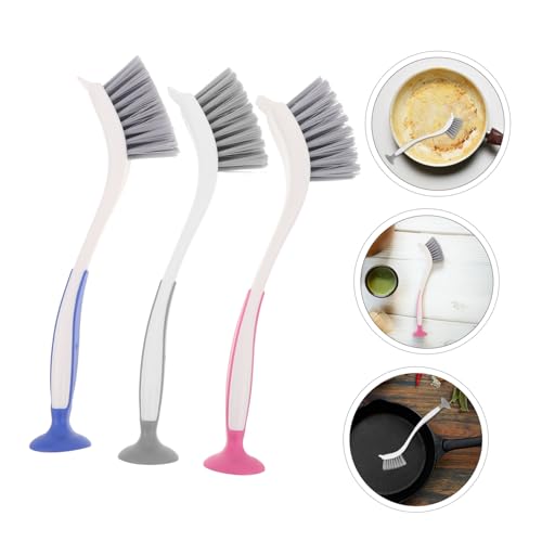 Healeved 3-Pack Kitchen Sink Brushes for Cleaning with Long Handle and Suction Cup Stand Dish Scrubbing Brush for Pots Pans and Hard-to-Reach Areas