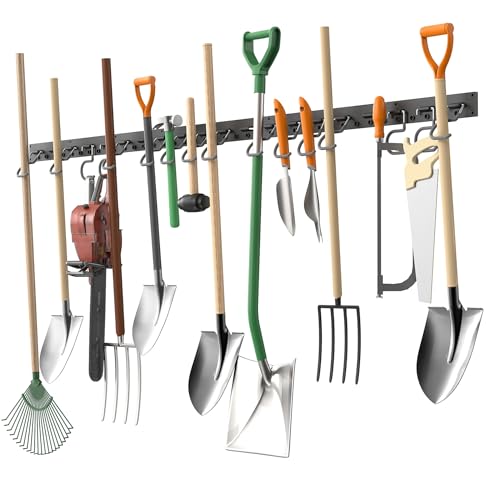 TORACK Plastic Wall Mounted Mop and Broom Holder, Garden Tools Organizer for Garage Wall, Yard Tool Storage Rack for Rakes, Shovels, Mops, Brooms (4 Tracks, 16 Hooks)