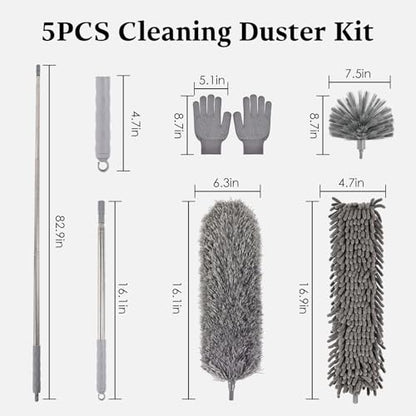Microfiber Feather Duster 5-in-1 Kit with Extension Pole, Washable Cleaning Duster Set with 3 Duster Heads, Cobweb Duster, Corner Brush, 100'' Extendable Long Duster for High Ceilings, Fans, Furniture - size: 5PCS: Cobweb Brush & Chenille Duster & Gloves