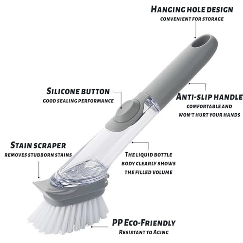 Dish Brush,Dish Scrubber with Soap Dispenser Dish Wand Kitchen Brushes for Dishes Includes Three Brush Heads