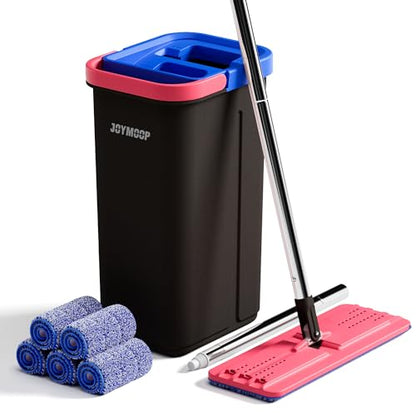 JOYMOOP Flat Mop System, Microfiber Mop and Bucket Set, Black, Floor & Wall Cleaning Mop for Home & Commercial Use, 60" Long Handle, Includes 5 Washable Pads - color: Black Lite1351