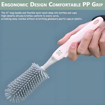 Baby Bottle Brush Set 3-in-1, Silicone Brush with Wall Mount Holder, 11" Long Handle + Nipple Brush + Straw Cleaner for Cups & Straws – BPA Free (Green) - color: Green