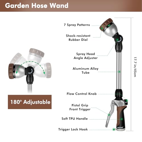 RESTMO Metal Watering Wand, Heavy Duty Garden Hose Wand with 180° Swivel Ratcheting Head, 16'' Hose Nozzle Sprayer with 7 Spray Patterns and Flow Control, for Water Hanging Baskets and Shrubs, Brown - color: Brown