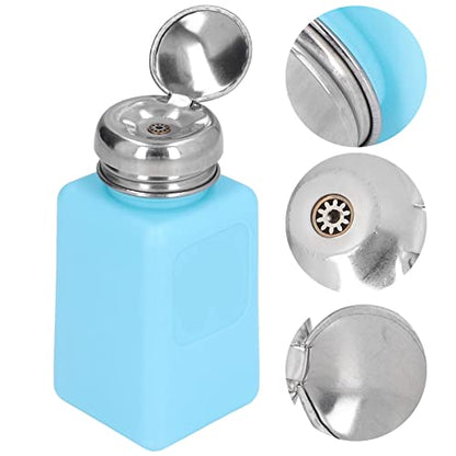 Solvent Dispenser, 200ml Push Down Alcohol Dispenser Pump Bottle ESD Anti Static Square Bottle with Stainless Steel Lid Liquid Pumping Empty Cap for Alcohol Makeup Remover (Blue)