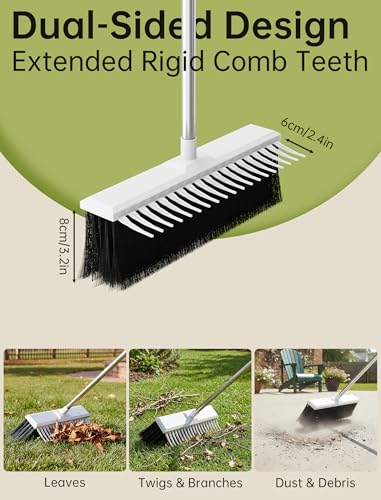NiHome Heavy-Duty Outdoor Yard Broom with Rake Edge, 63-Inch Adjustable Stainless Steel Pole, 16” Wide Head for Lawn, Deck & Hard Floor Cleaning