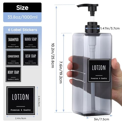 Segbeauty 33.8oz Shampoo and Conditioner Dispenser with Labels, 2pcs Refillable Plastic Empty Lotion Soap Dispenser Liquid Container for Bathroom, 1000ml Gray Large Pump Bottle, Sqaure Lotion Bottles - color: Gray, style: 2pcs